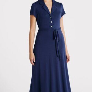 Womens V-Neck Midi Shirt Dress with Tie Waist; Navy; Size L; NWT